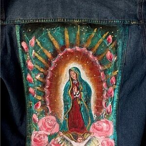 Hand-Painted Denim Jacket with Our Lady of Guadalupe design